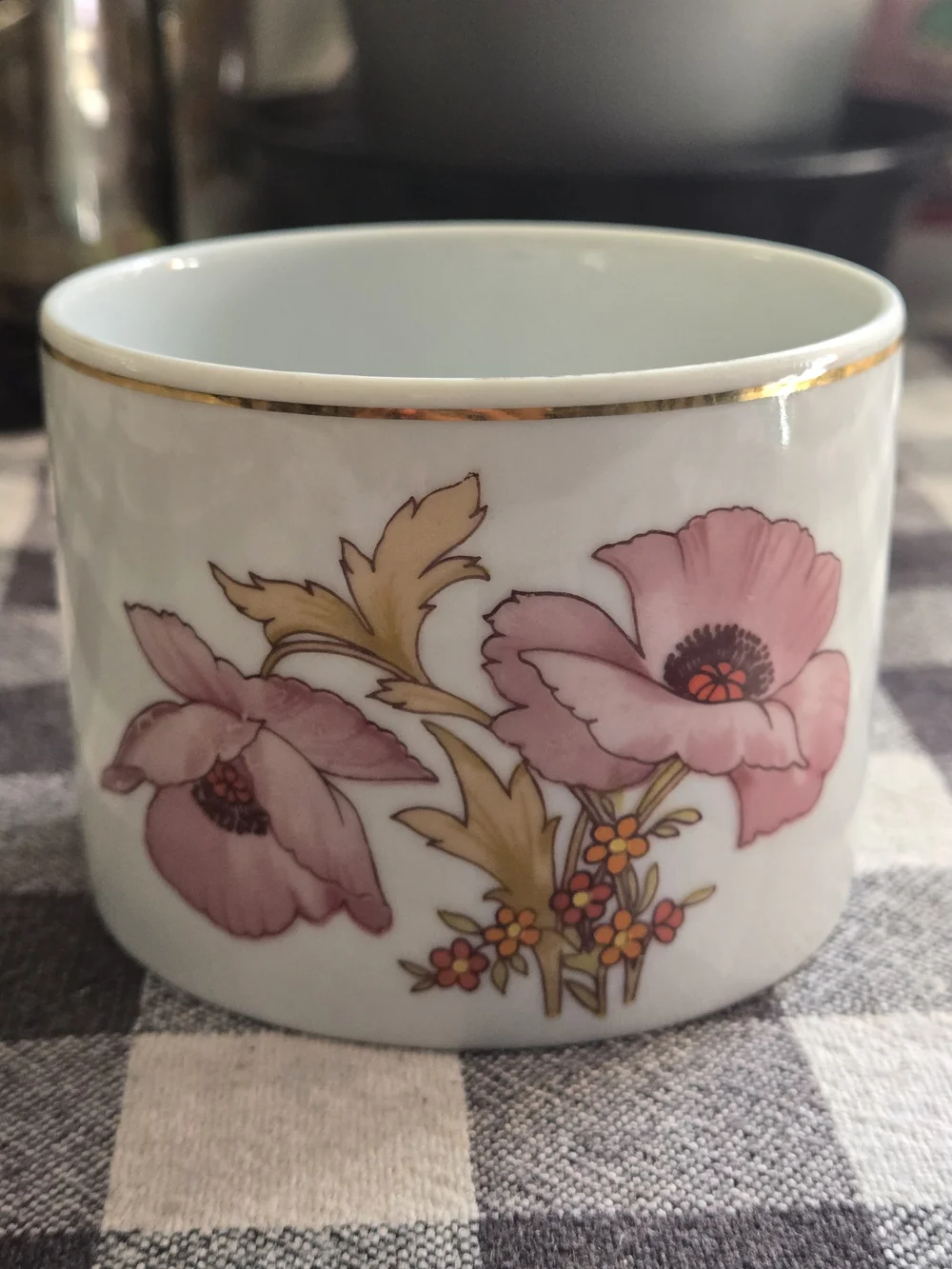 Vintage Floral Porcelain Cup with Pink Blooms and Gold Trim